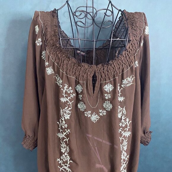Unique Spectrum Tops - Unique Spectrum - Brown Sheer Off Shoulder Peasant Top